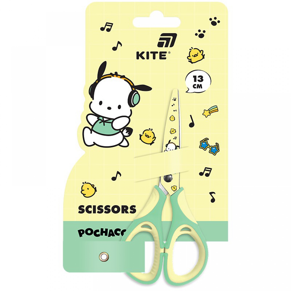 Ножиці дитячі. Пластикові ручки з гумовими вставками та малюнком на лезах. Довжина 13см. Упаковка: відкритий блістер.