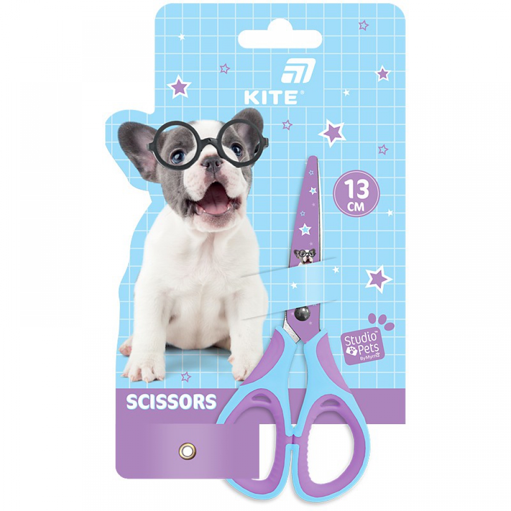 Ножиці дитячі. Пластикові ручки з гумовими вставками та малюнком на лезах. Довжина 13см. Упаковка: відкритий блістер.