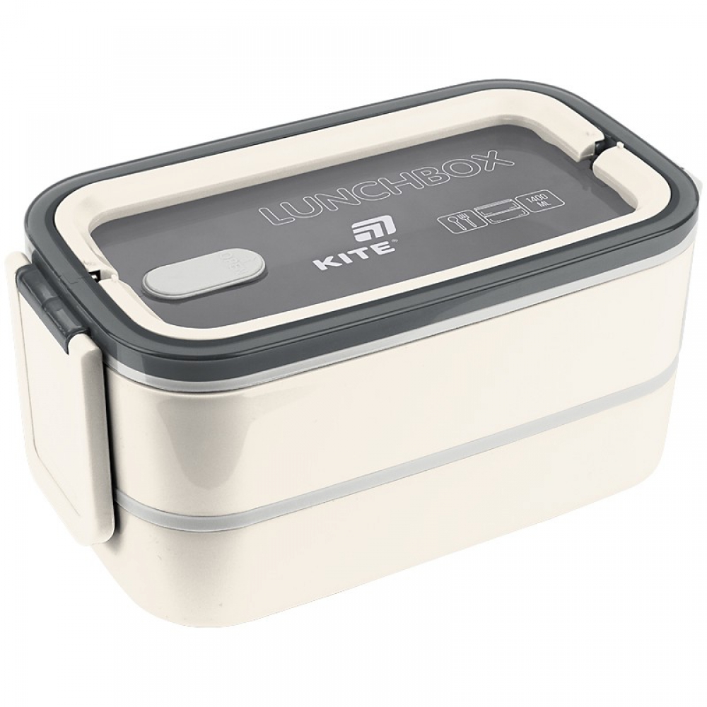 Ланчбокс для їжі. Виготовлений з харчового пластику. Складається з двох частин, доповнений столовим приладдям. Об'єм 1400 мл.