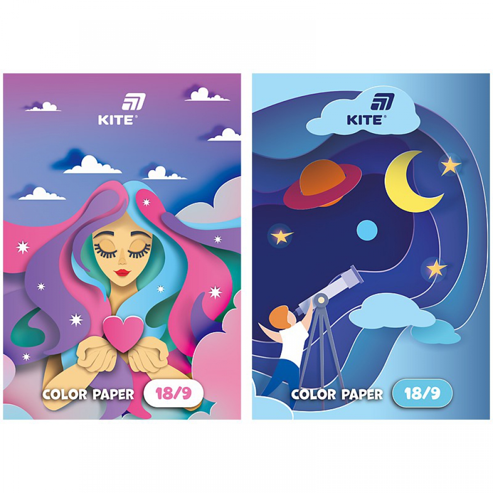 Папір кольоровий односторонній А4, 18 аркушів/9 кольорів. Щільність 45г/м2. Упаковка: зошит на скобі.