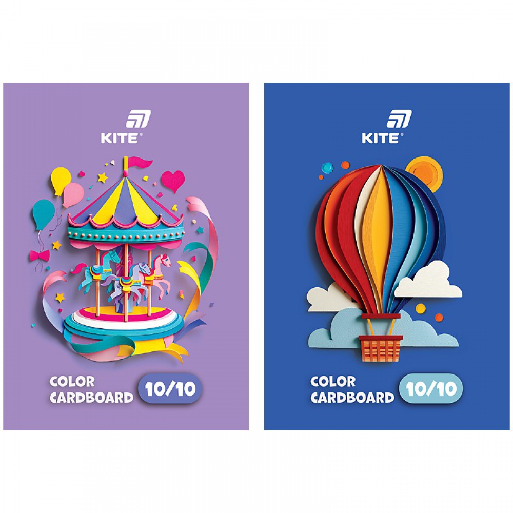 Картон кольоровий односторонній А5, 10 аркушів/10 кольорів. Щільність 230г/м2. Упаковка: паперовий слайдер.