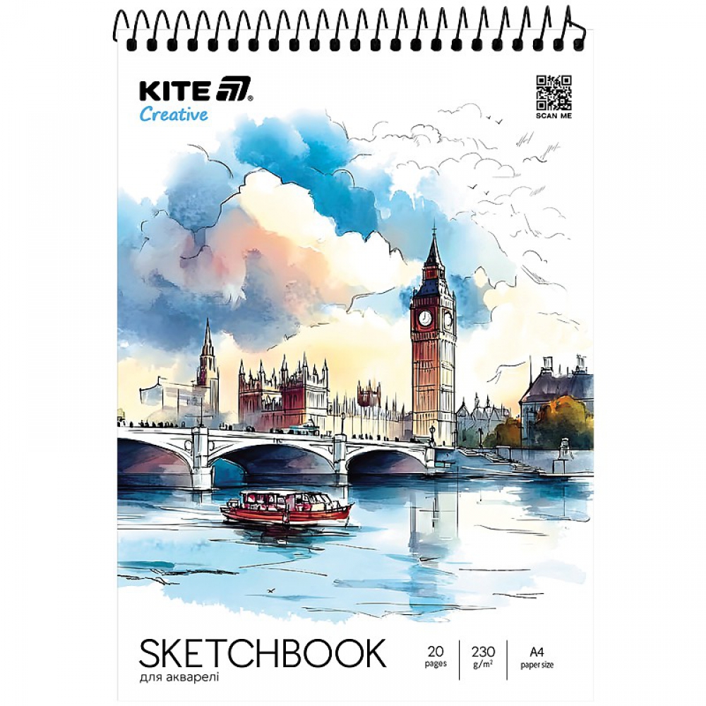 Скетчбук для акварелі, A4, 20 арк., 230 г/м2, спіраль, Kite Creative