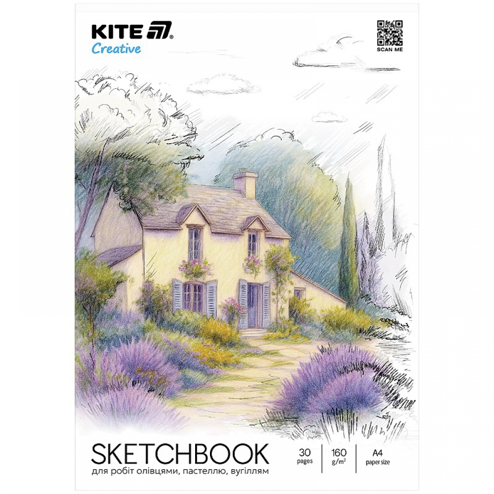 Скетчбук для робіт олівцями, пастеллю, вугіллям, A4, 30 арк., 120 г/м2, склейка, Kite Creative