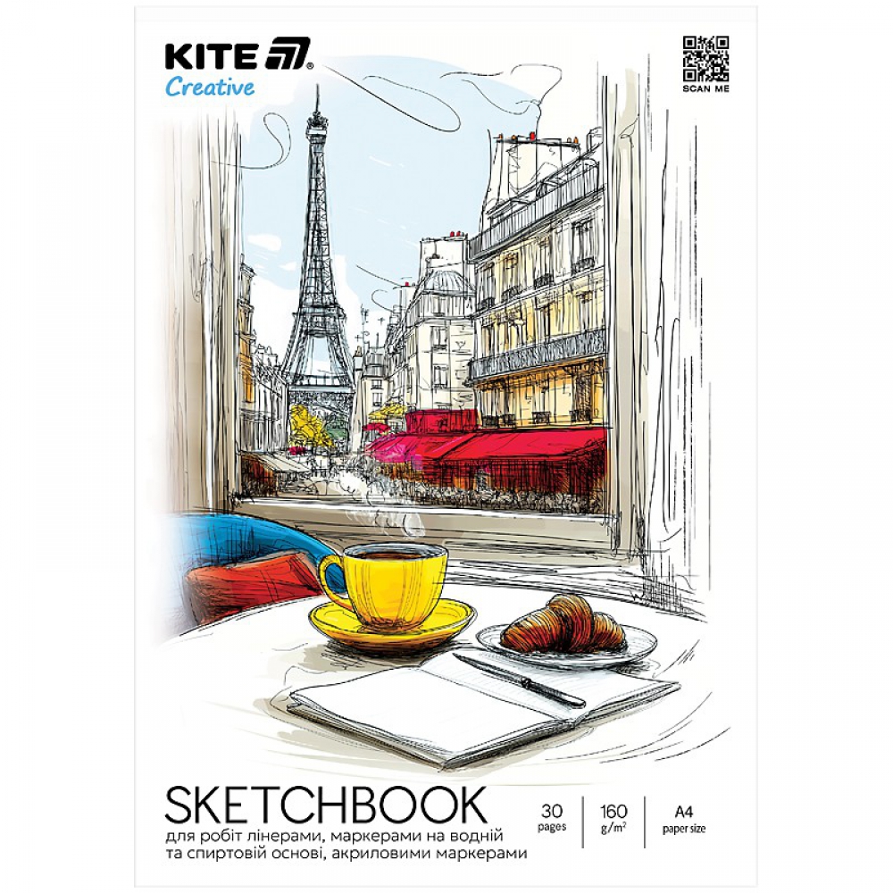 Скетчбук для робіт лінерами, маркерами на водній та спиртовій основі, акриловими маркерами, A5, 30 арк., 160 г/м2, склейка, Kite Creative