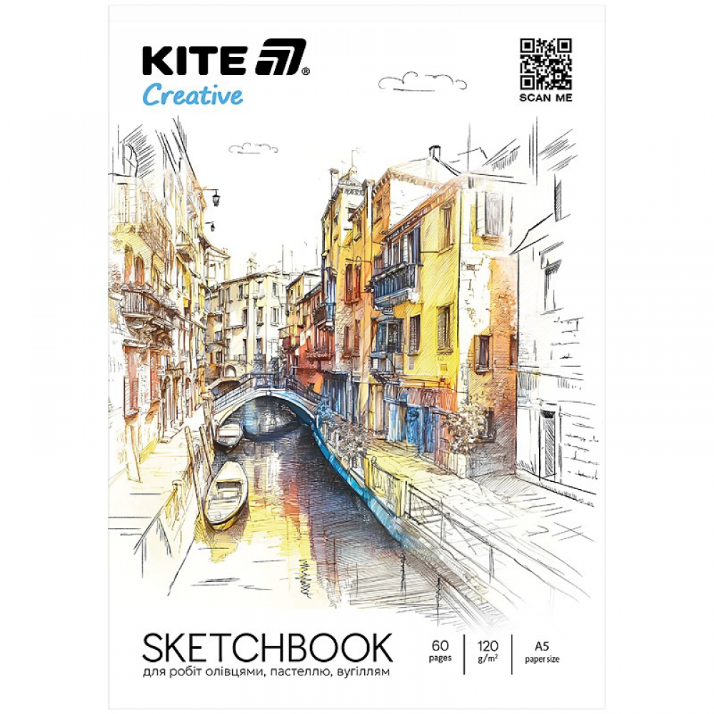 Скетчбук для робіт олівцями, пастеллю, вугіллям, A5, 30 арк., 120 г/м2, склейка, Kite Creative