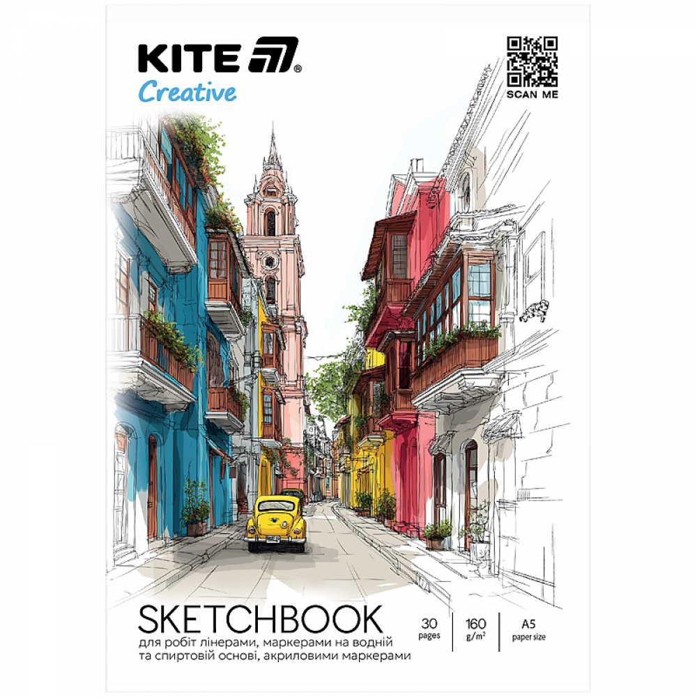 Скетчбук для робіт лінерами, маркерами на водній та спиртовій основі, акриловими маркерами, A5, 30 арк., 160 г/м2, склейка, Kite Creative