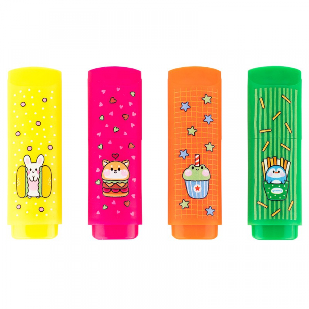 Набір міні текстмаркерів, 4шт. у блістері. Чорнило на водній основі, не токсичне. Клиноподібний пишучий вузол. Ширина лінії 1-5мм.