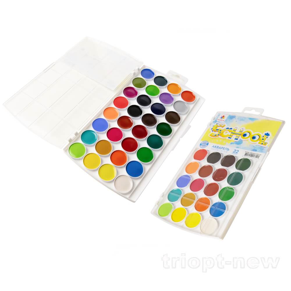 Акварель 32 кол.,  б/п, пластик, Творчість, 400124