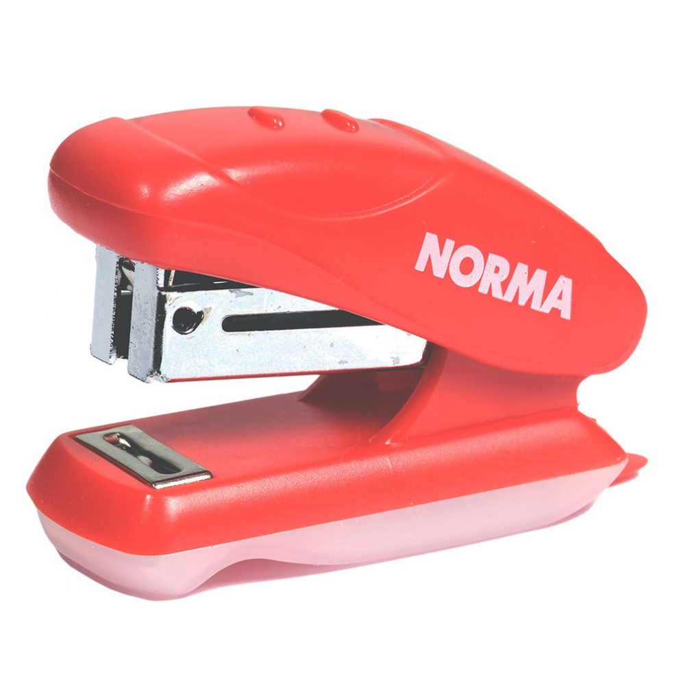 степлер пластиковий міні, скоба №24, 16 аркушів, глибина 18мм, з дестеплером, червоний