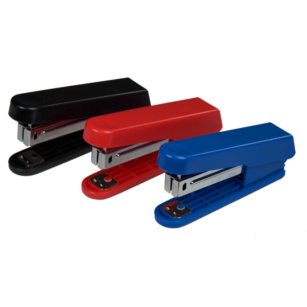 степлер пластиковий, скоба №10, 10 аркушів, глибина 45мм, з дестеплером, кольори в асортименті