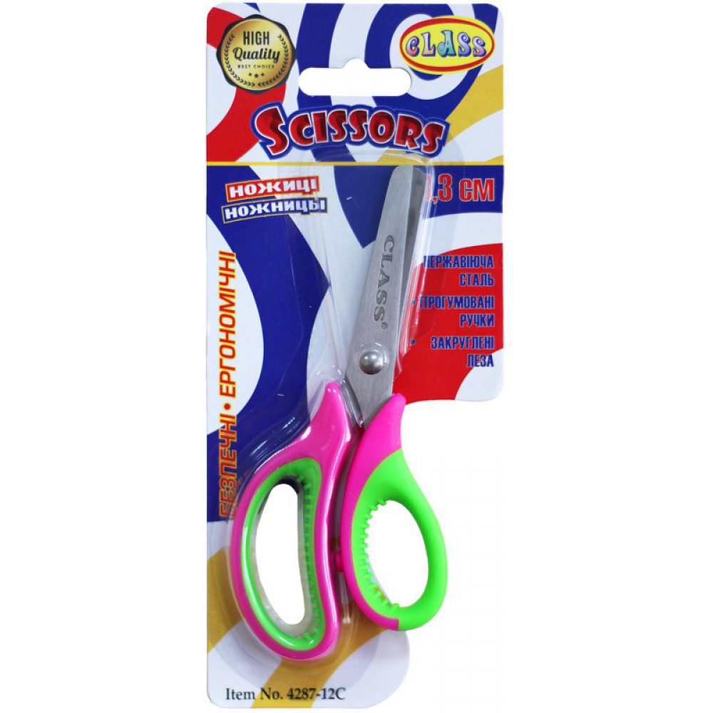 ножиці дитячі 13,3см ергономічні прогумовані двоколірні ручки, в блістері, рожево-салатові 4287-12C