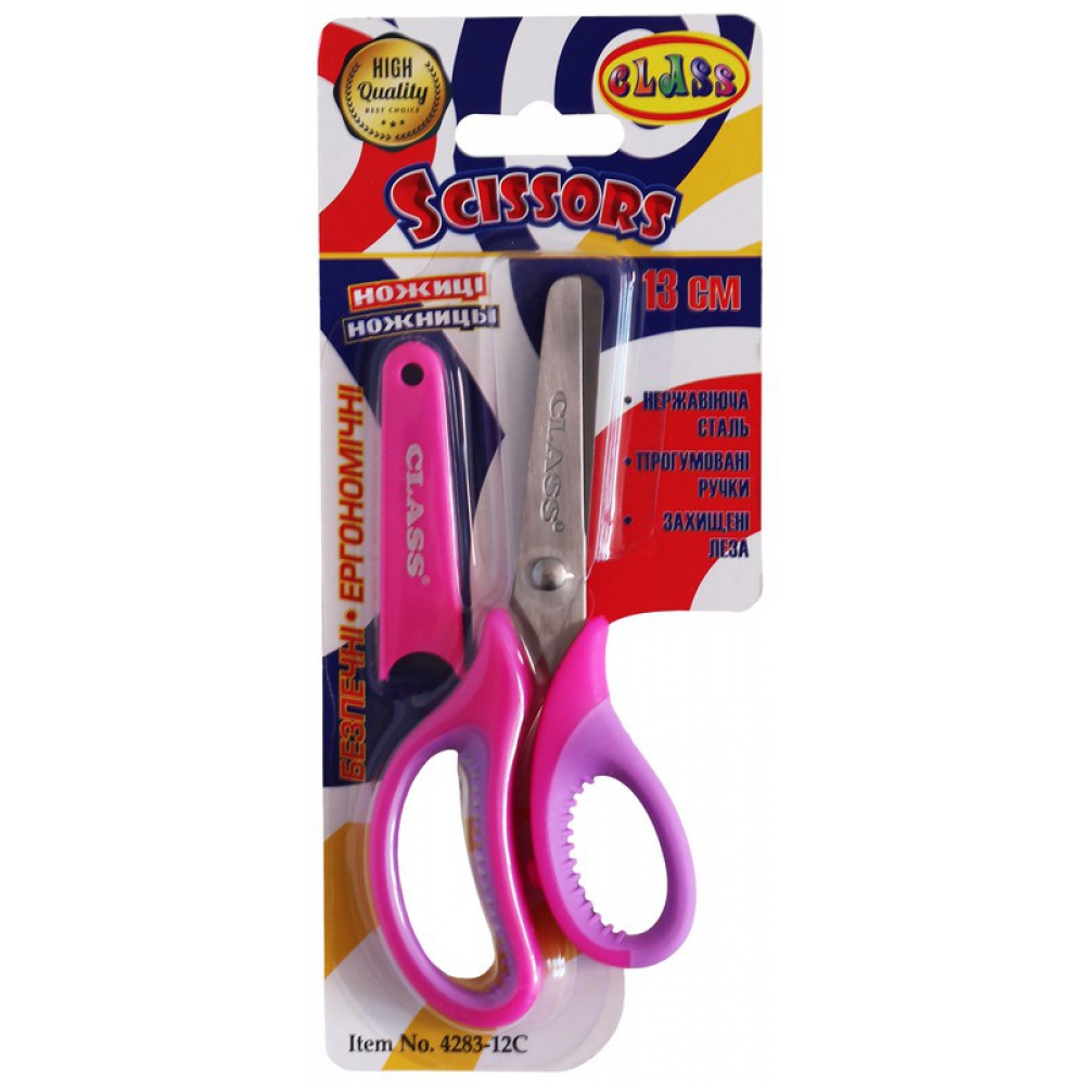 ножиці дитячі 13,3см з чохлом, ергономічні прогумовані двоколірні ручки, в блістері, рожеві 4283-12C