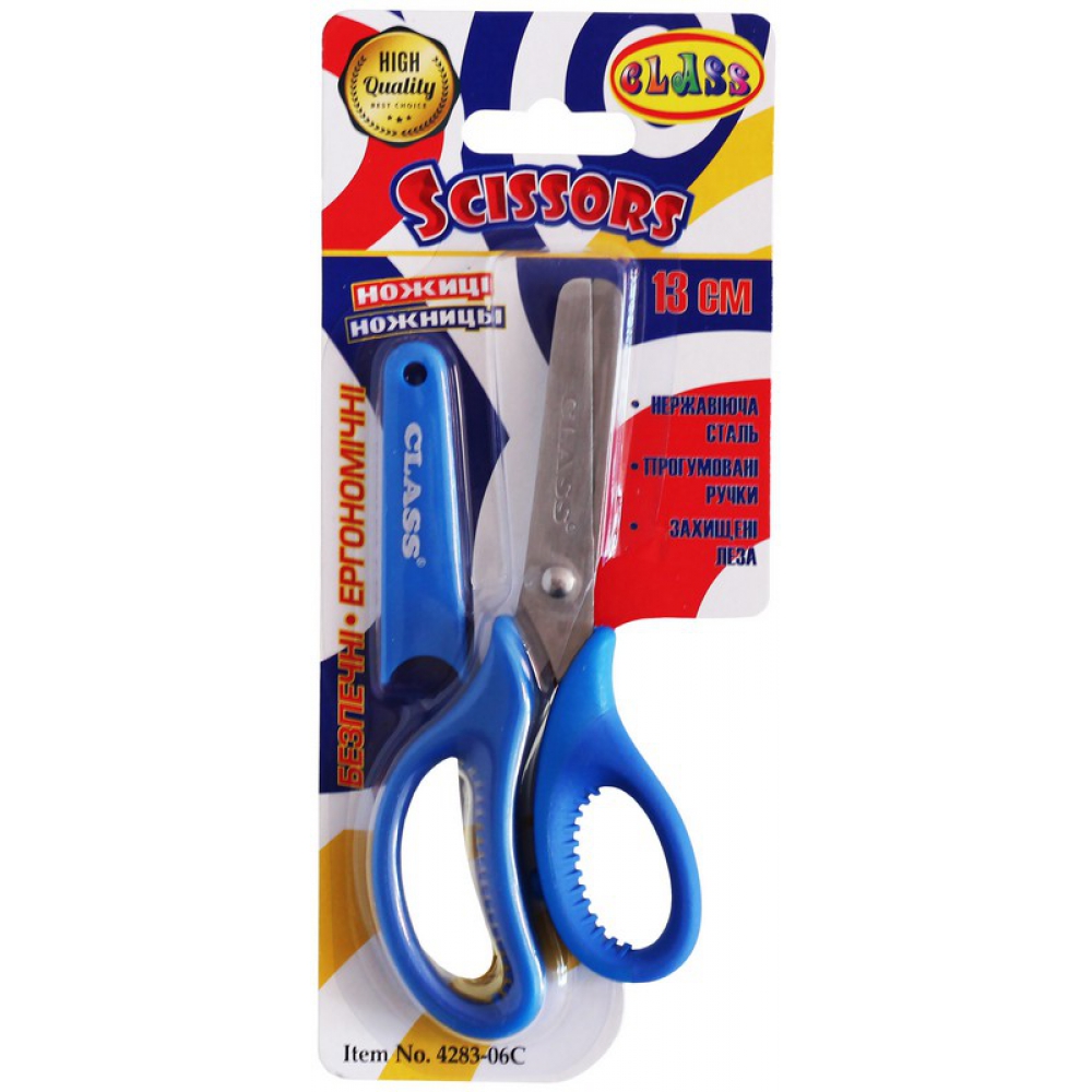 ножиці дитячі 13,3см з чохлом, ергономічні прогумовані двоколірні ручки, в блістері, сині 4283-06C