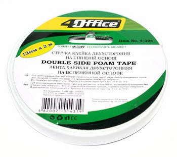 Клейка стрiчка 2х сторонн. монтажна, на вспененной осн.,12мм*2м, 4-394, 4Office