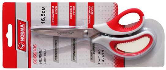 Ножиці 16,5 см, ергоном., гнучкі прогум. ручки, сіро-черв., 1,8 мм, 4241N, NORMA