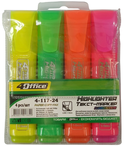 Набір текстмаркерів, 4шт, 1-5мм, 4-117-24, 4Office