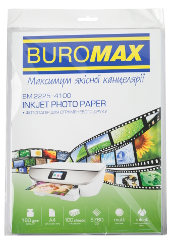 Фотопапір матовий А4, 180 г/м2, 100ар., BUROMAX, BM.2225-4100