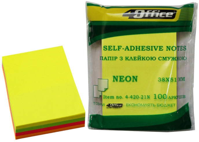 Папір.кл., 38х51мм, 100арк, неон мікс 4кол.*25арк., 4-420-21N, 4Office