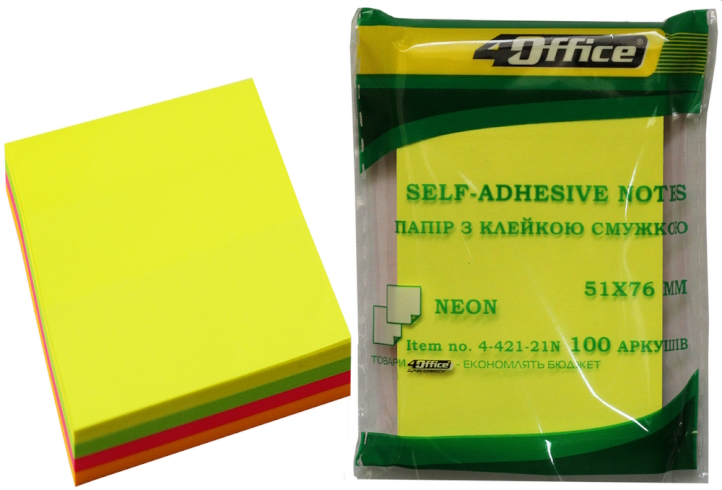 Папір.кл., 51х76мм, 100арк, неон мікс 4кол.*25арк., 4-421-21N, 4Office