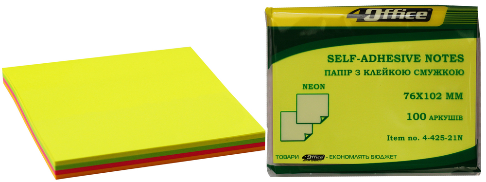 Папір.кл., 76х102мм, 100арк, неон мікс 4кол.*25арк., 4-425-21N, 4Office