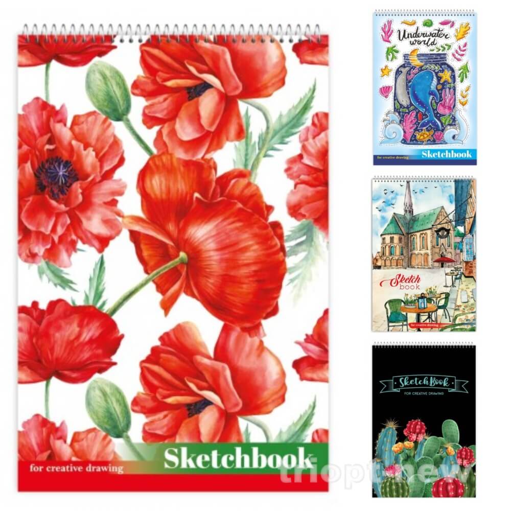 SKETCH-BOOK ф. А5, 30 арк., обкладинка - кольорова, целюлозний картон, УФ-лак, блок - офсет 100 г/м?, кручена пружина, 4 види, мікс