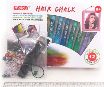 MD-900 Набір: гелевих крейд для волосся 12кол. + гребінець + інстр. + резинки + бусини