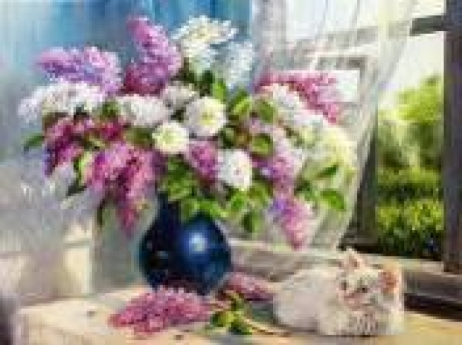 GLD60134 - GB70509 Алмазна мозаїка за номерами 30*40 Бузок біля вікна карт уп. (полотно на рамі)