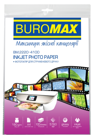 Фотопапір глянцевий А4, 180 г/м2, 100ар., BUROMAX, BM.2220-4100