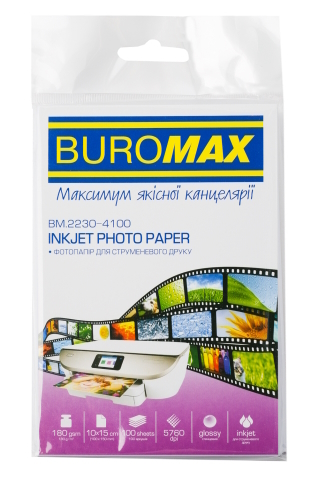 Фотопапір глянцевий 10х15см, 180 г/м2, 100ар., BUROMAX, BM.2230-4100