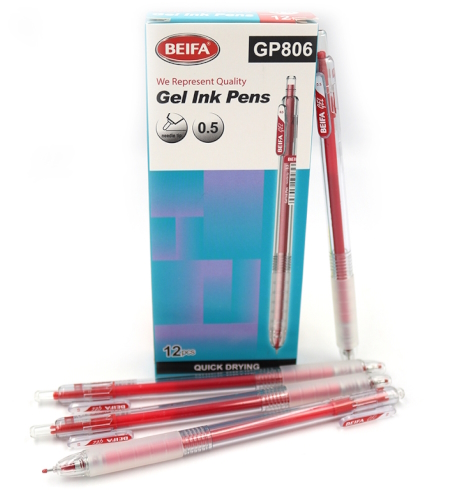 GP806 Ручка гелева автоматич Beifa 0,5мм, швидко висихає червона, карт. уп. 12шт.