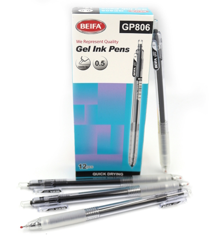 GP806 Ручка гелева автоматич Beifa 0,5мм, швидко висихає чорна, карт. уп. 12шт.