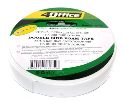 Клейка стрiчка  2х сторонн. монтажна, на вспененной осн.,18мм*2м, 4-395, 4Office,