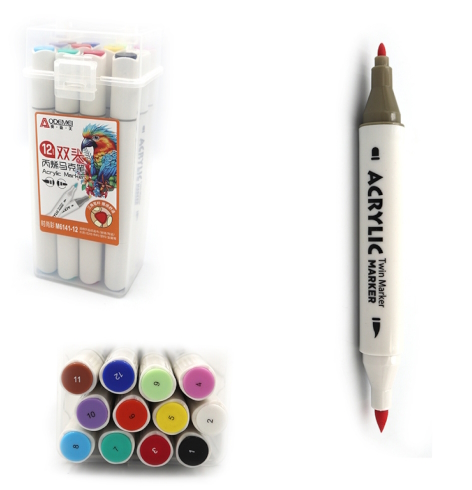 M6141-12 Набір акрил. скетчмаркерів двостор. Aodemei трикутн. корп. м'який+тверд., 12шт., plastic bo