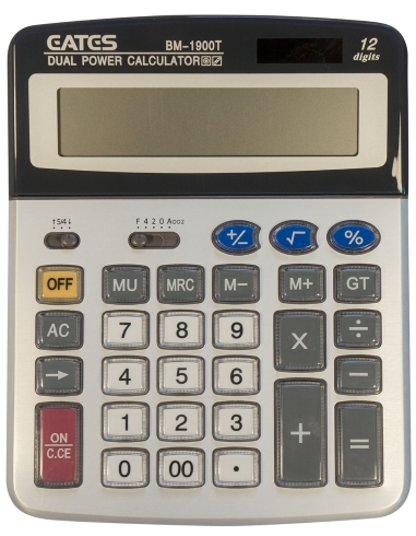 Калькулятор 12-ти розрядний EATES DC-1900T, 2 джерела живлення, прозорі кнопки, що не стираються, розмір 163x206x57мм, вага 270г