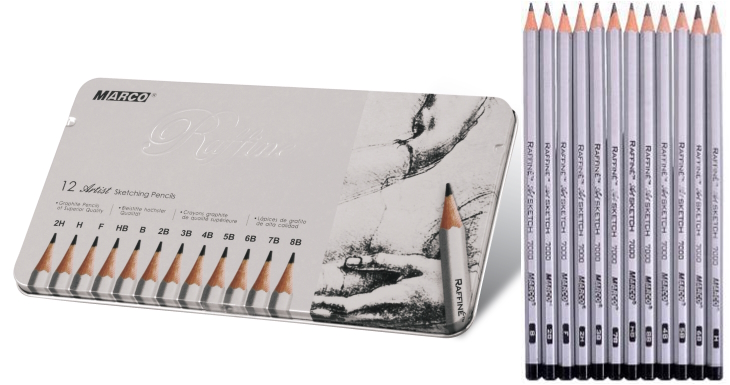 Олівці графітні 12 шт. 2Н - 8В у металевому пеналі, Raffine, Marco, 7000-12TN