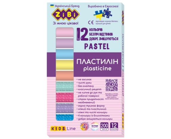 Пластилін PASTEL 12 кольорів, 200г (8 пастель + 4 глітер), KIDS Line ZB.6240