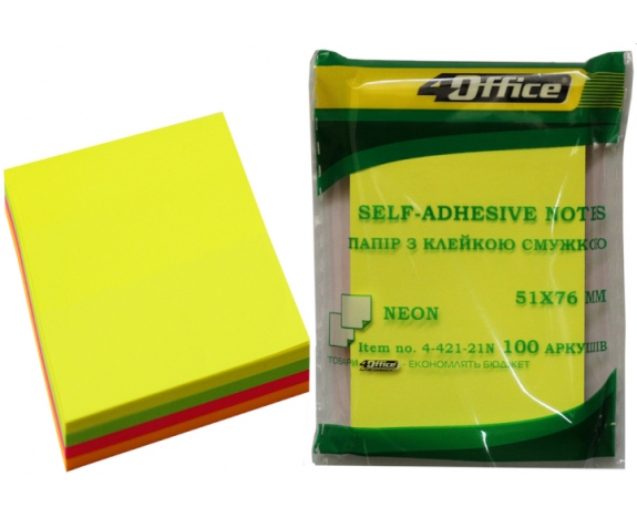 Папір.кл., 51х76мм, 100арк, неон мікс 4кол.*25арк., 4-421-21N, 4Office